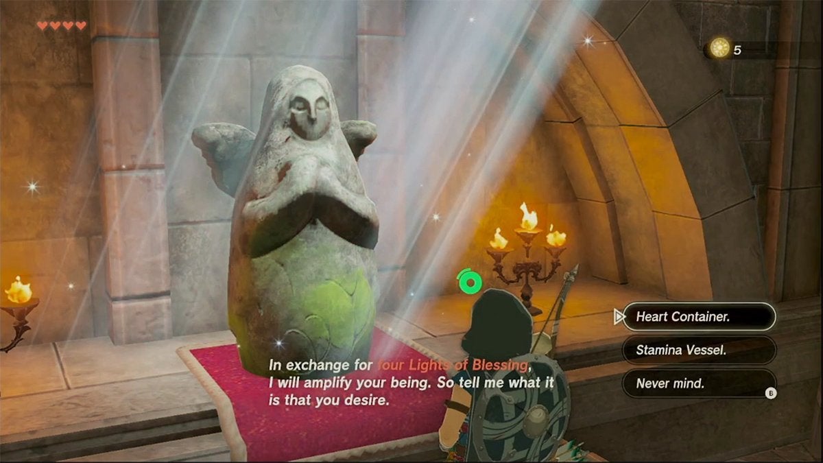 Link about to use a Light of Blessing to get upgrades from a Goddess Statue in The Legend of Zelda: Tears of the Kingdom.