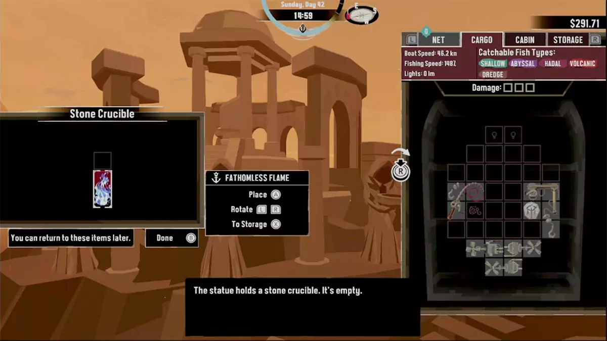 The player placing all three Fathomless Flames on the statues at the Ancient Temple in DREDGE.