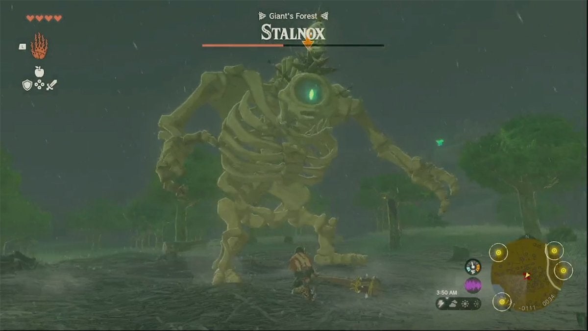 Link facing a giant skeleton with one eye called a Stalnox in The Legend of Zelda: Tears of the Kingdom.