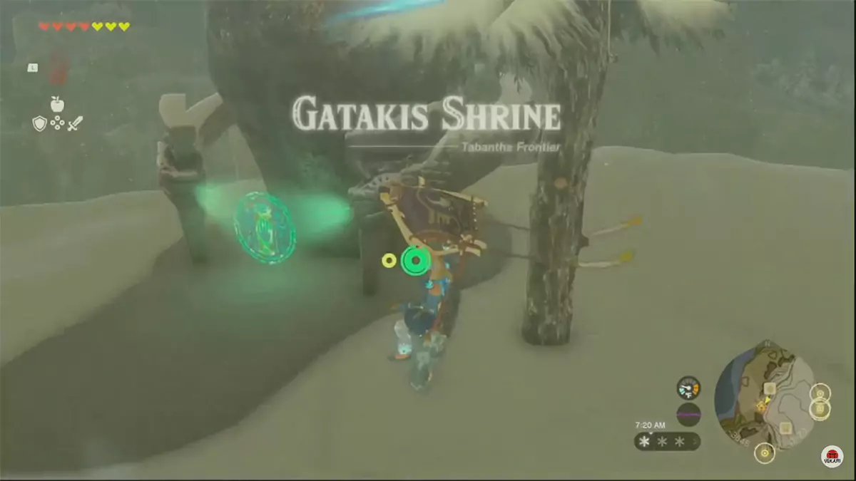 Link gliding down to the Gatakis Shrine in Rito Village.
