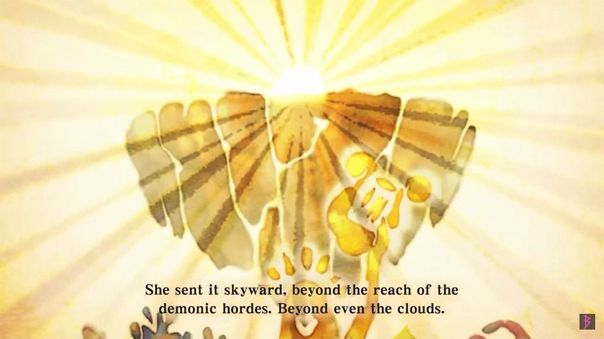 A Skyward Sword cutscene were the goddess Hylia is sending the Triforce into the sky on a chunk of land.
