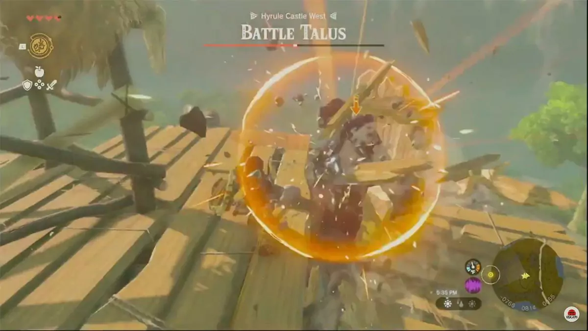 Link hitting the weak point on top of a Battle Talus with a hammer in The Legend of Zelda: Tears of the Kingdom.