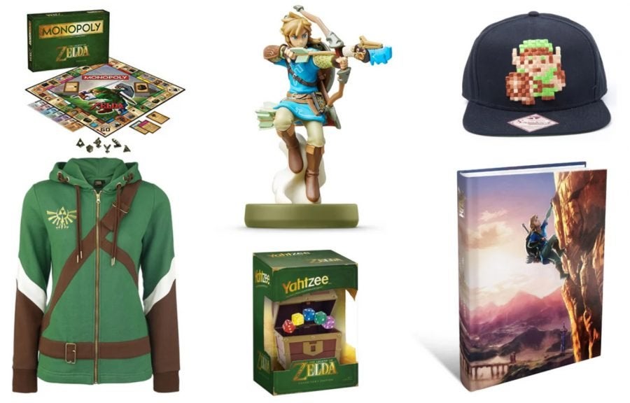 In clockwise order: a figure of Link holding a bow ad arrow, a baseball cap with pixel art of Link, a book with Link climbing a cliff on the cover, Legend of Zelda themed Yahtzee, a green hoodie that looks like Link's tunic, and Legend of Zelda themed Monopoly.