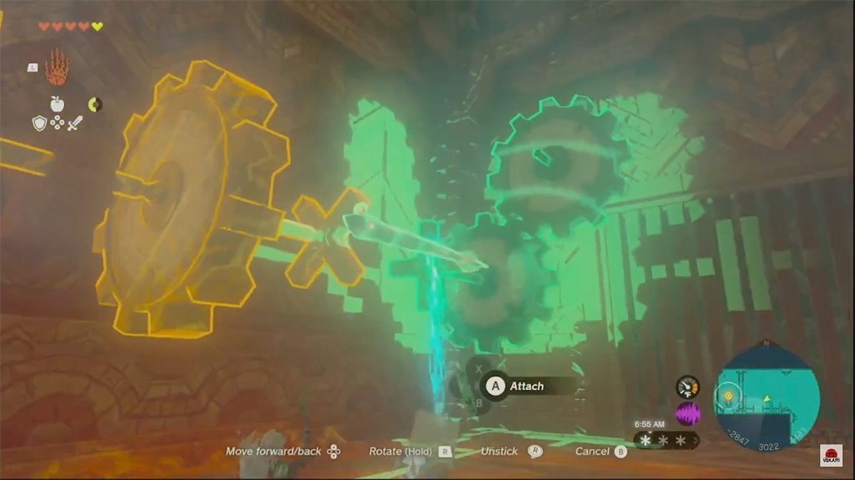 Link using Ultrahand to connect gears to an icicle.