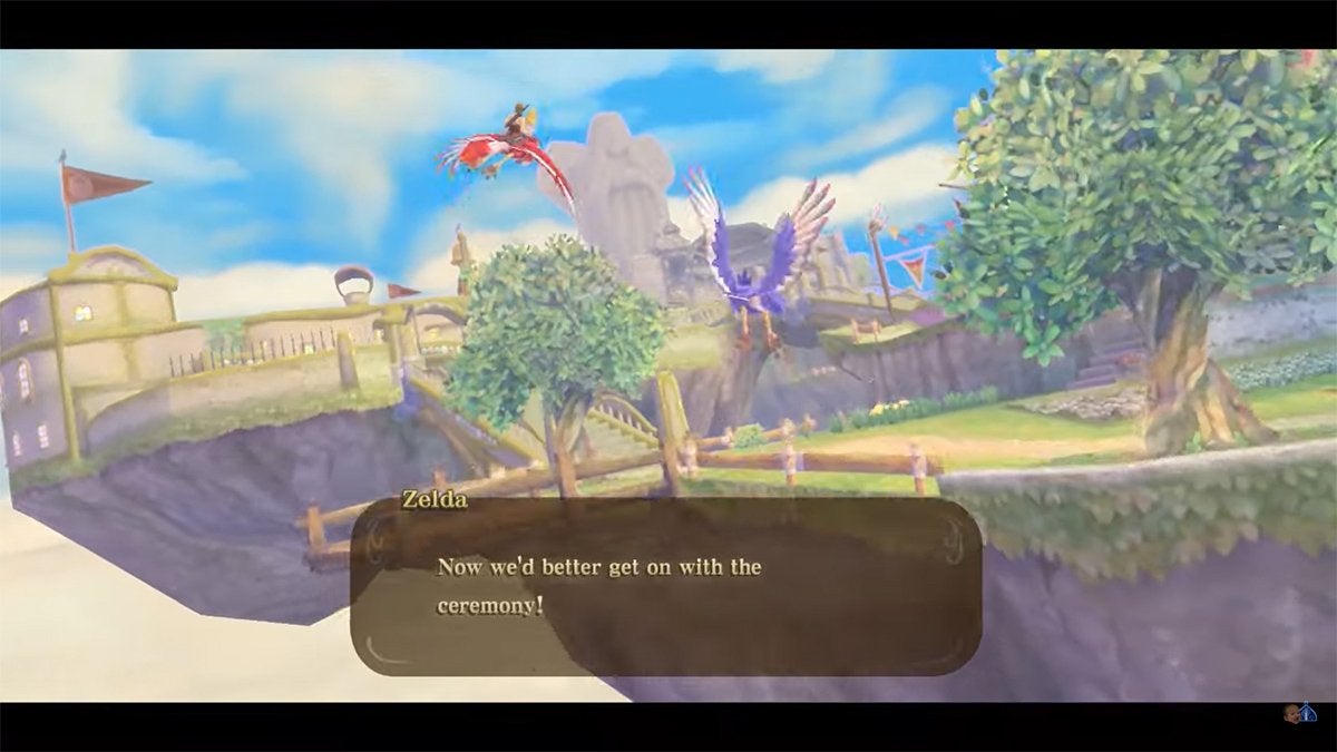 Link and Zelda flying toward the goddess statue in Skyward Sword.