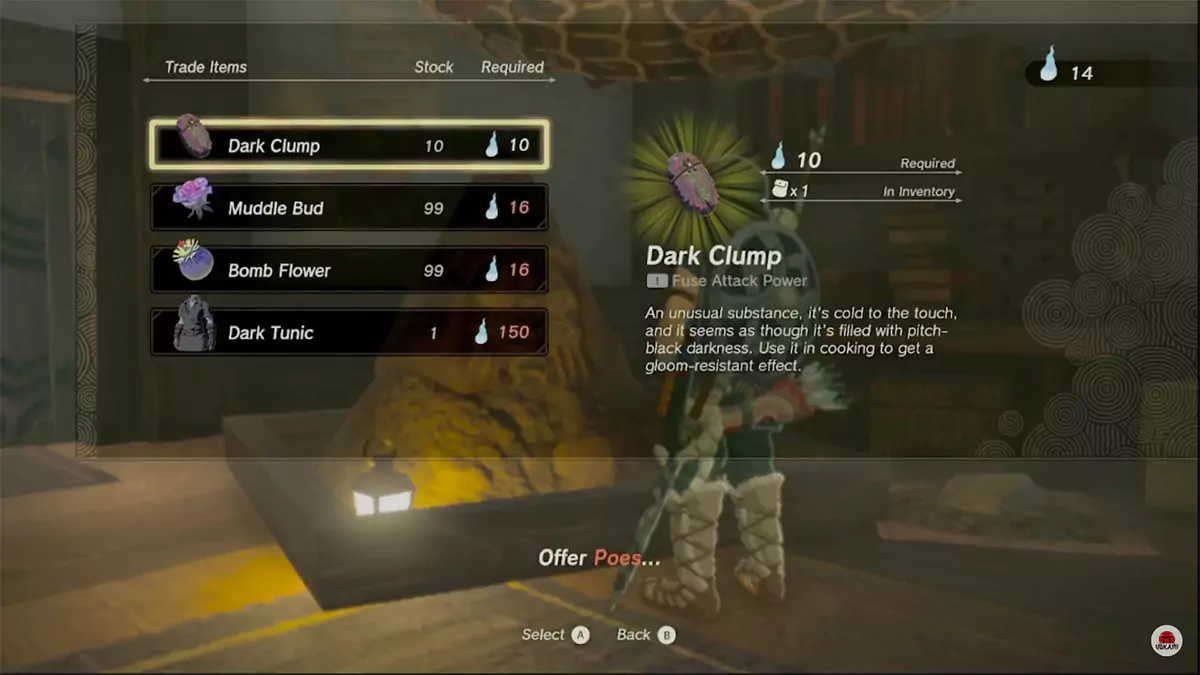 Link buying items from the Bargainer Statue in Lookout Landing in The Legend of Zelda: Tears of the Kingdom.
