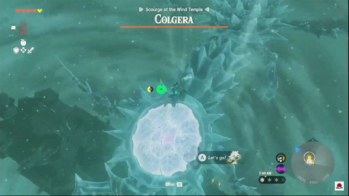 Link doing a plunging attack on Colgera's weak point.