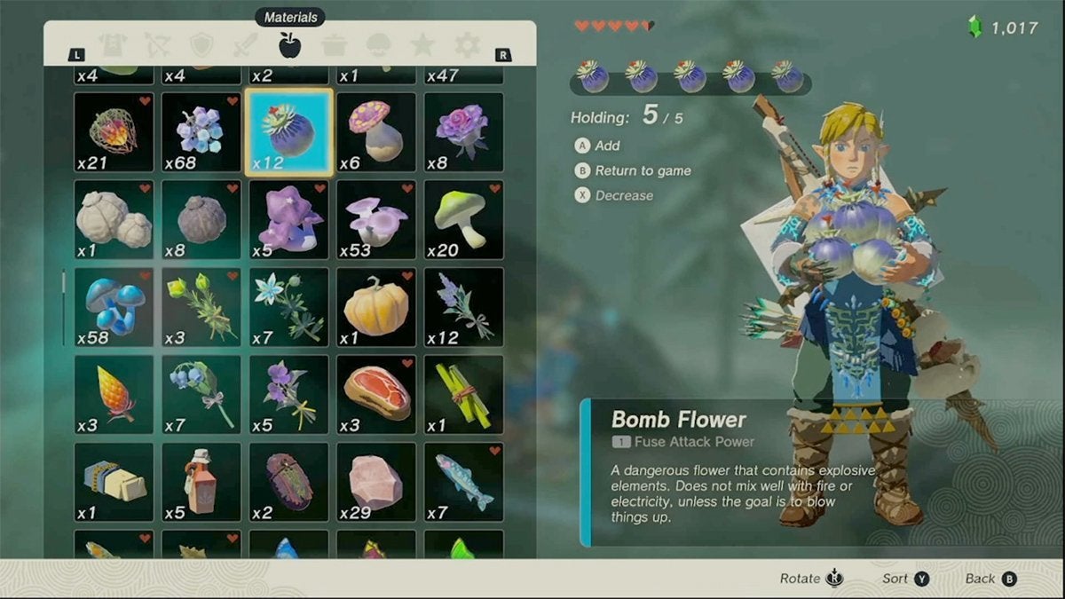 Link holding five Bomb Flowers in the materials menu of The Legend of Zelda: Tears of the Kingdom.