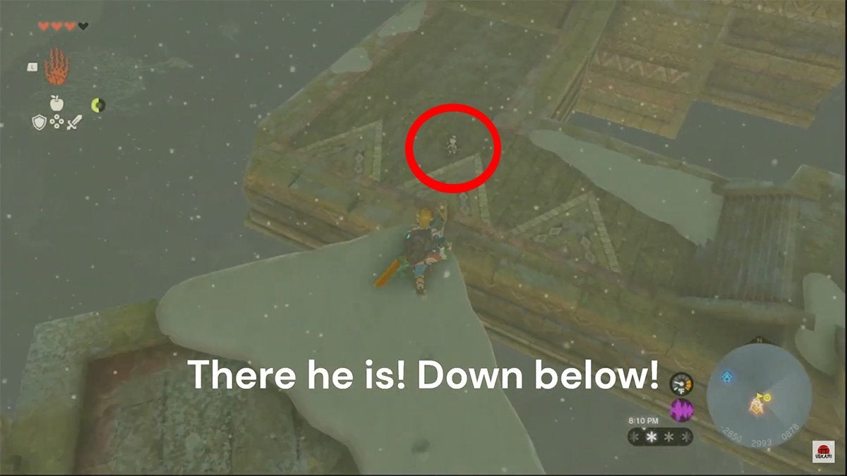 A red circle around Tulin as Link approached him. The text "There he is! Down below!" appears at the bottom.