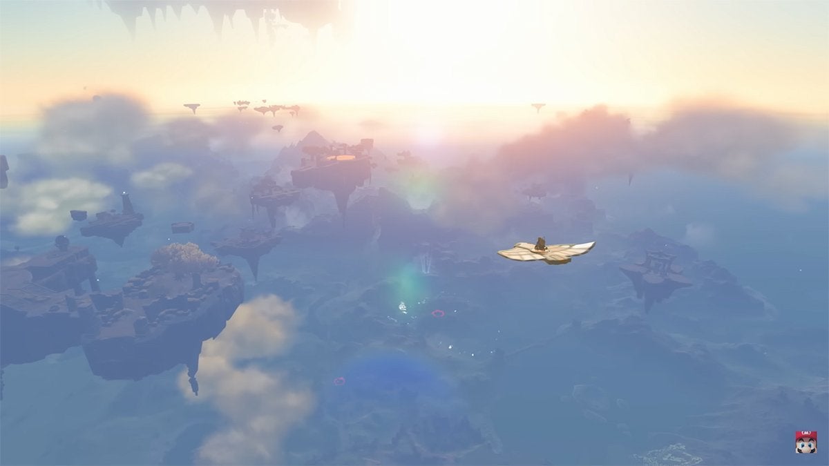 Link flying through the sky on an unknown object.