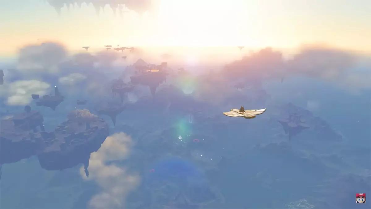 Link flying through the sky on an unknown object.