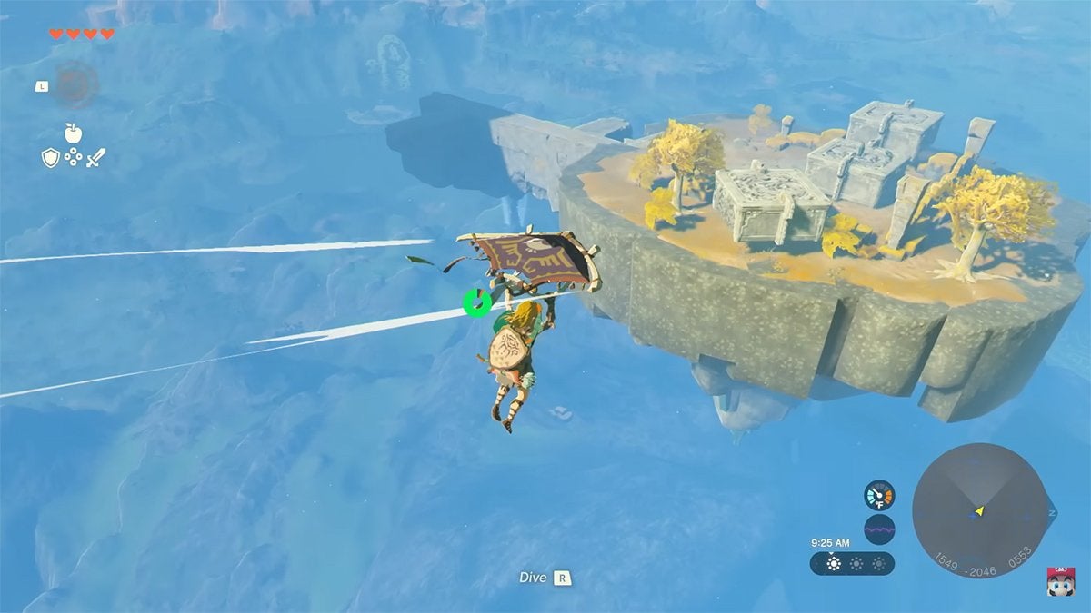Link gliding to a flying island in a Tears of the Kingdom gameplay demonstration.