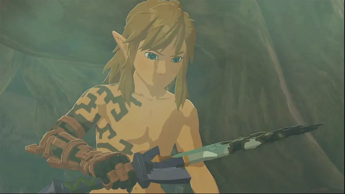 Link looking at a broken Master Sword in The Legend of Zelda: Tears of the Kingdom.