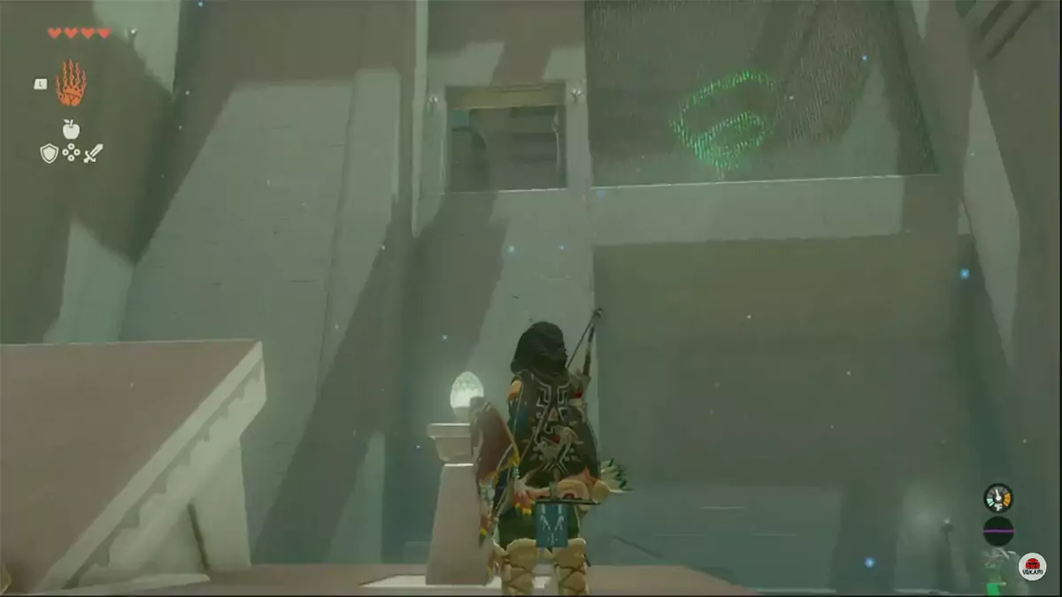Link looking at an open door high up on a wall in a Shrine.