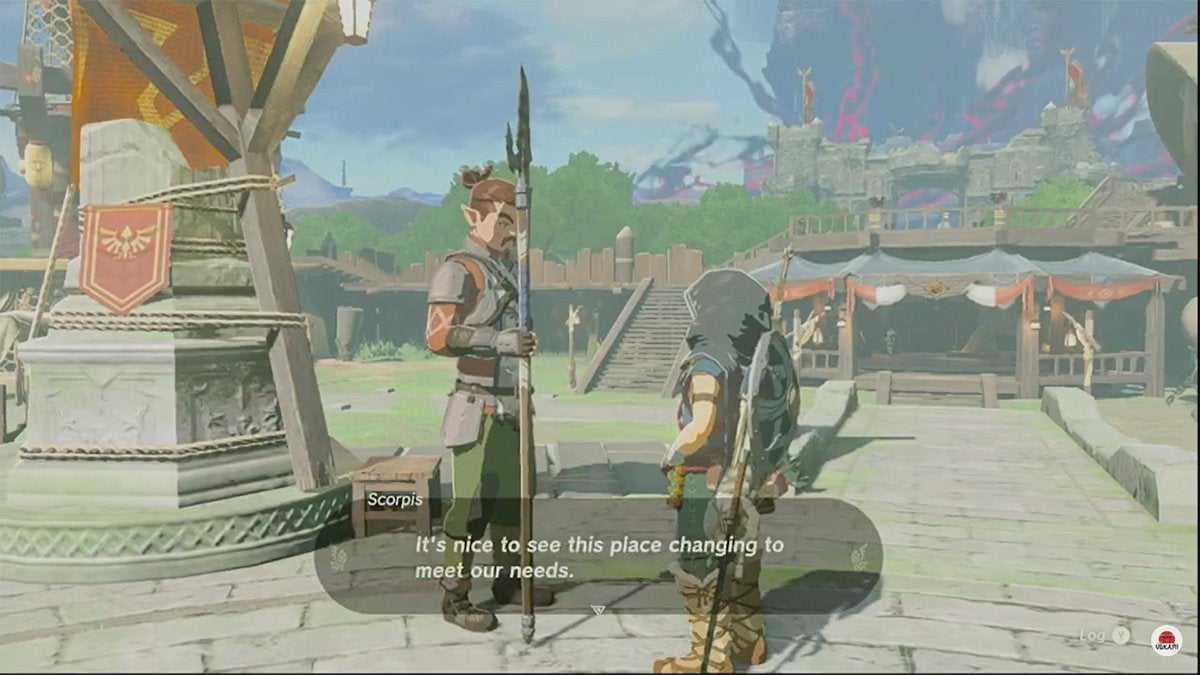 Link speaking to Scorpis, the NPC in Lookout Landing who opens the Emergency Shelter in The Legend of Zelda: Tears of the Kingdom.
