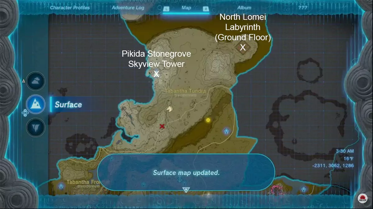 The map of the Tabantha region showing the Pikida Stonegrove Skyview Tower and the North Lomei Labyrinth.