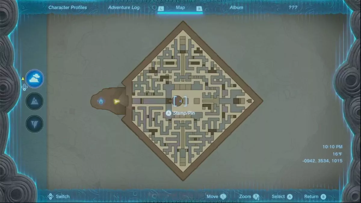 The map view of the North Lomei Labyrinth's top floor in The Legend of Zelda: Tears of the Kingdom.