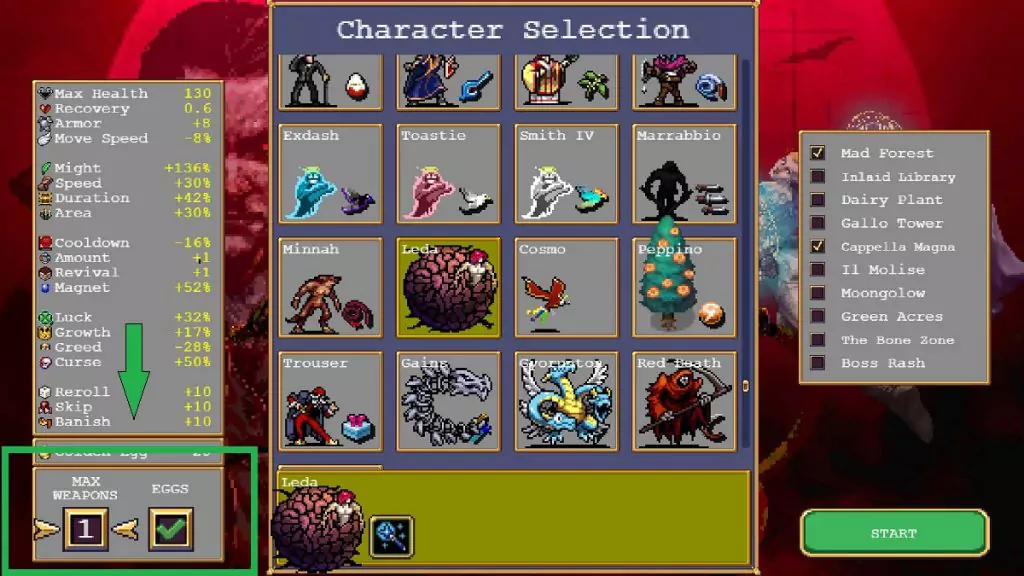 Using one weapon in Vampire Survivors using the Mindbender relic.