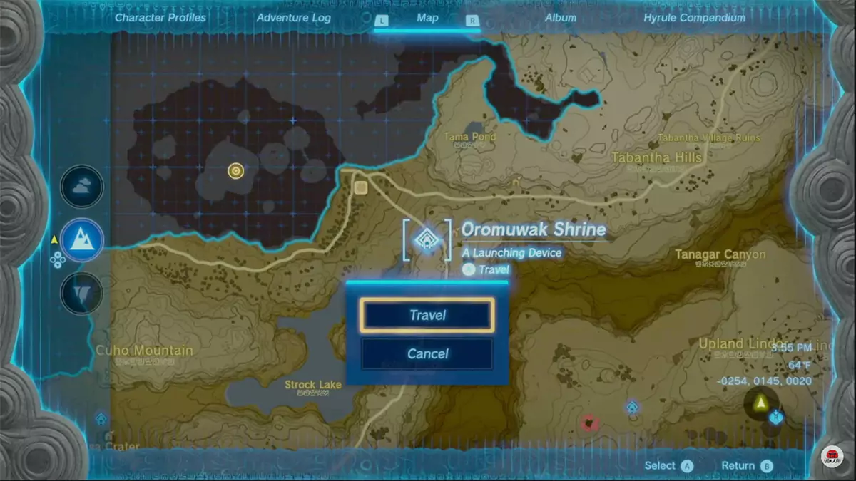 A player about to fast travel to Oromuwak Shrine, which is close to the Lucky Clover Gazette on the map.
