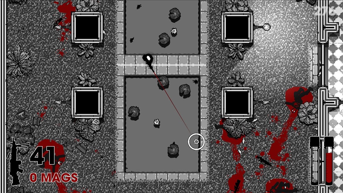 A player holding a gun surrounded by blood and dead bodies in a mostly black-and-white setting.