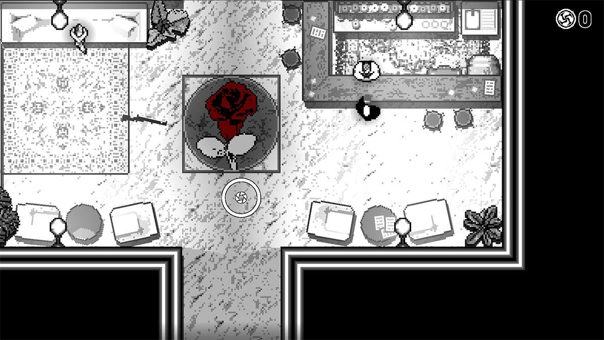 A player in a bar that has a large red rose symbol on the ground.