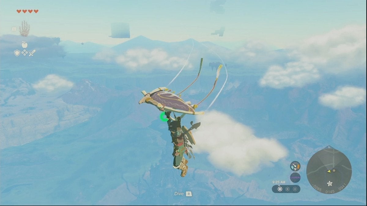 Link using the Paraglider to fly through the air in The Legend of Zelda: Tears of the Kingdom.