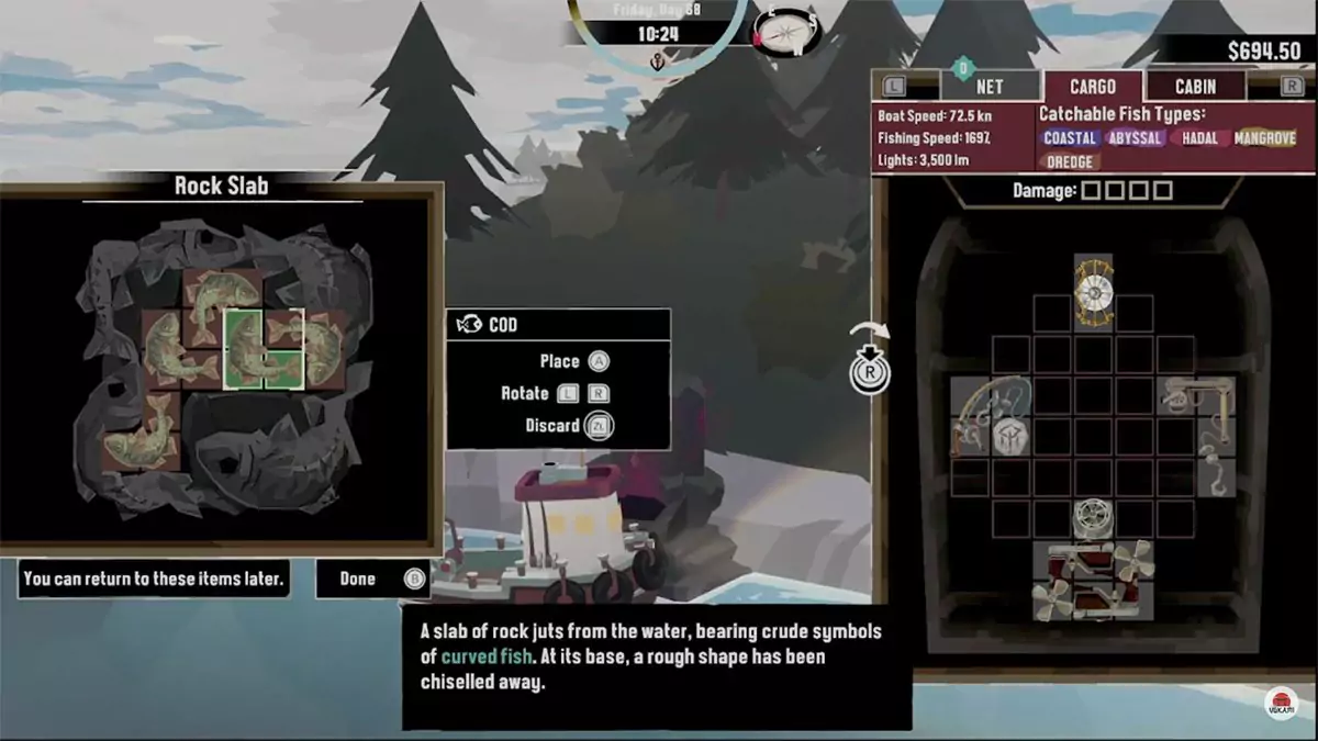 The player placing five Cod on an altar to get the Sinew Spindle.