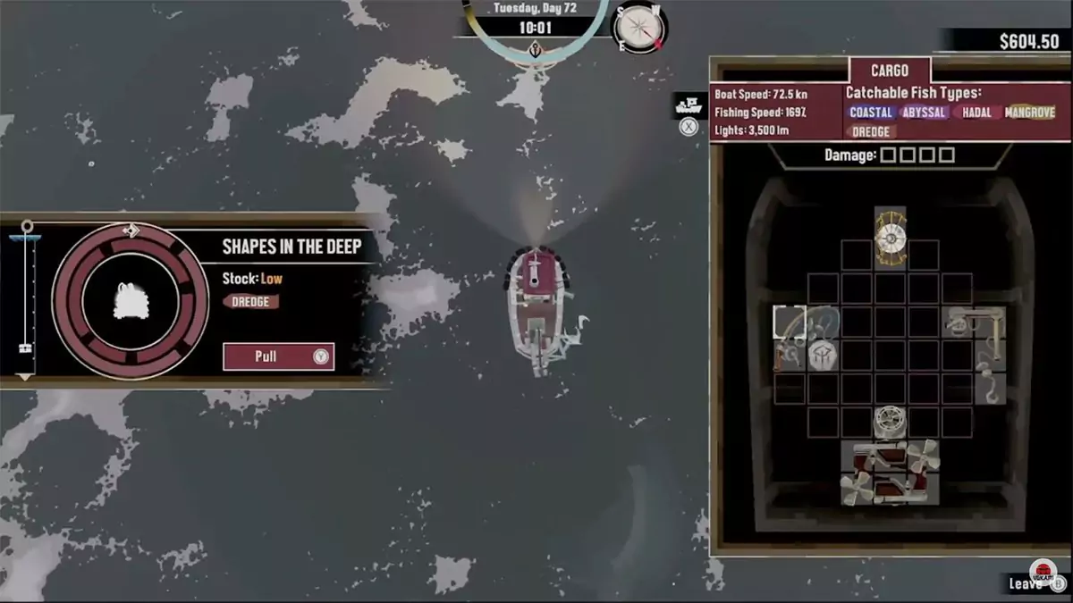 A player dredging up a Research Part in DREDGE.