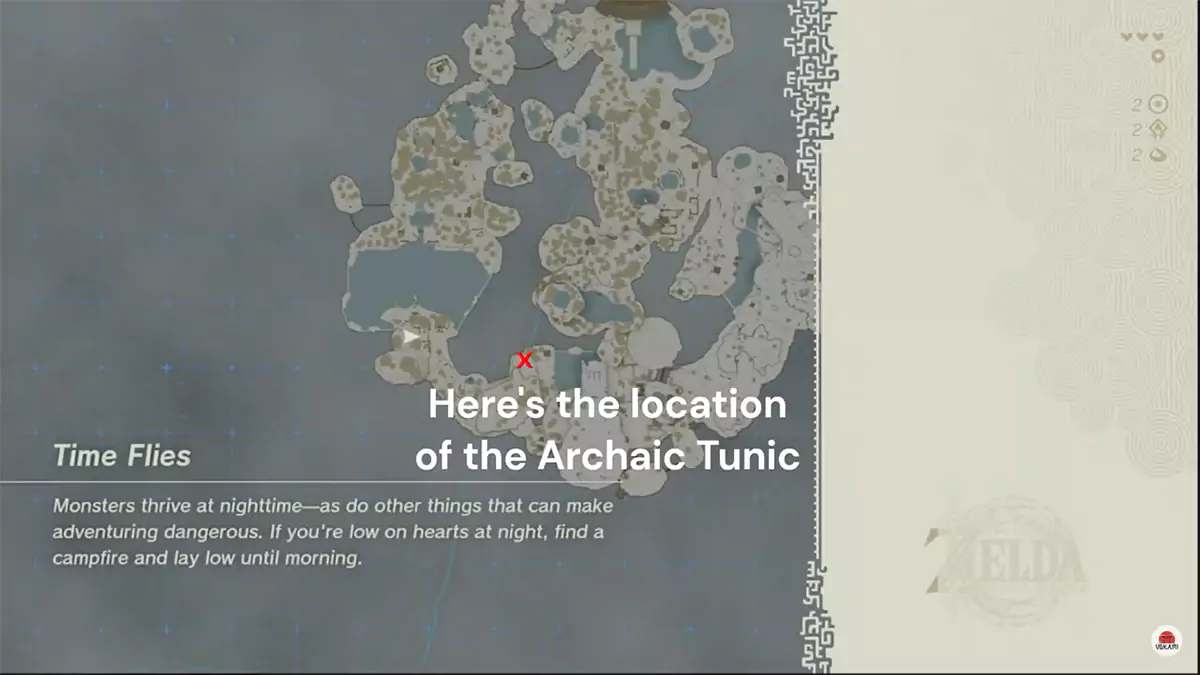 A red "X" marking the spot of the Archaic Tunic on the Great Sky Island map.