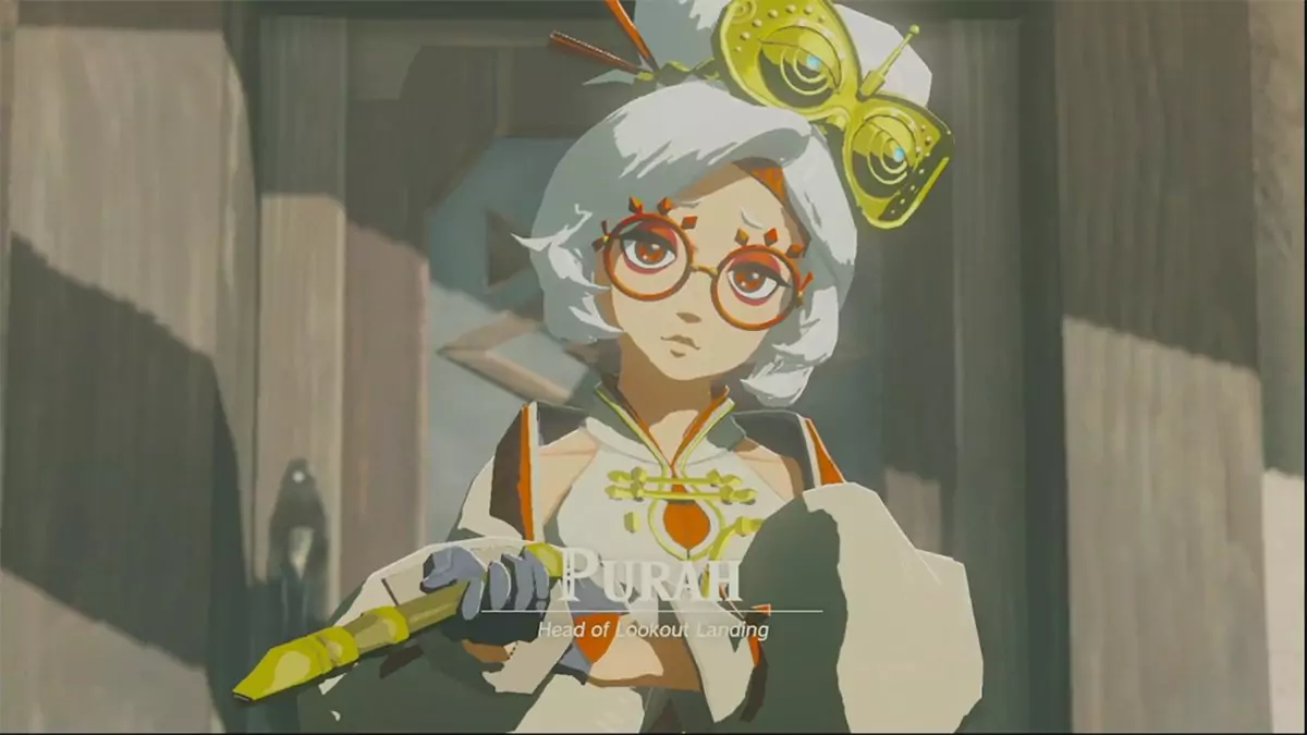 Purah's first appearance in Tears of the Kingdom. She is wearing glasses and has white hair.