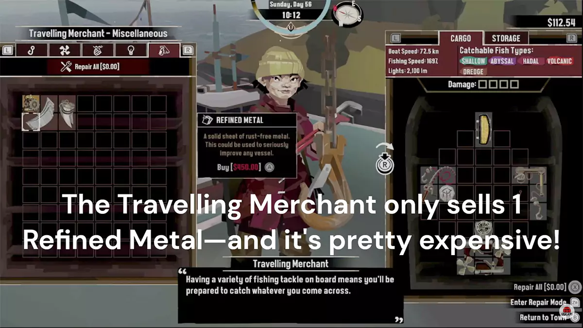 The player about to buy one Refined Metal from the Travelling Merchant while noticing how expensive it is in DREDGE.