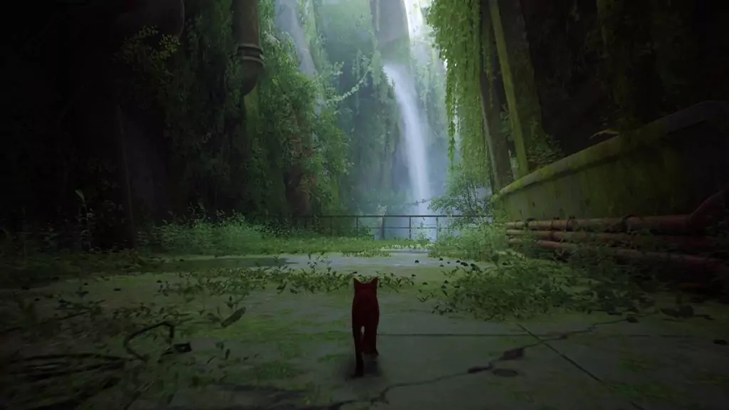 The Stray cat exploring the insides of the wall in Stray.