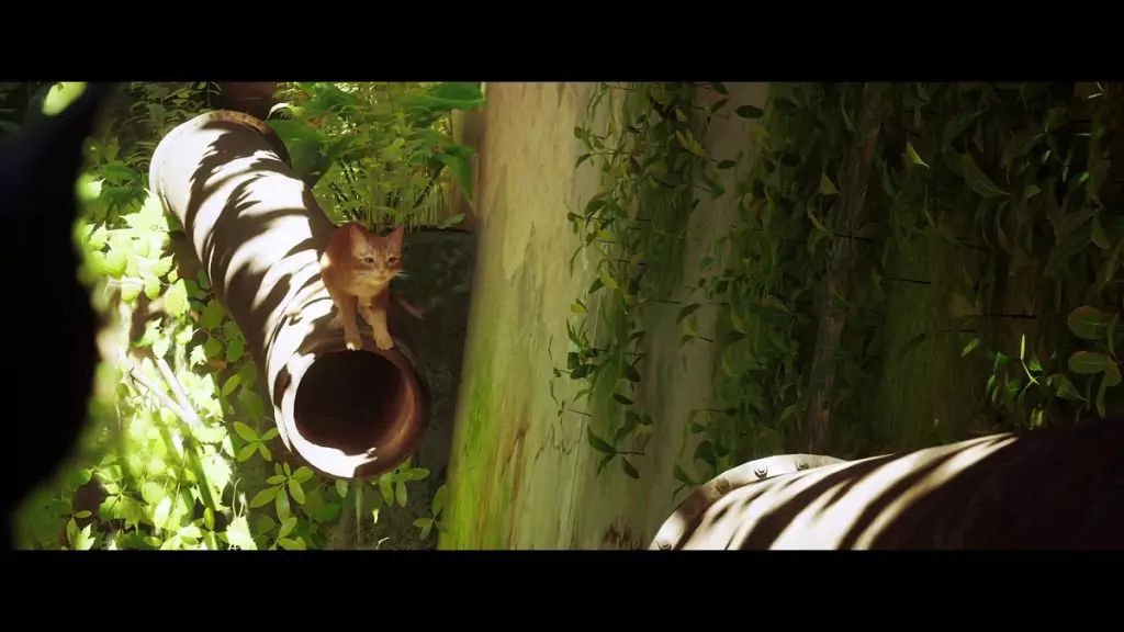 The Stray cat on a pipe in Stray.