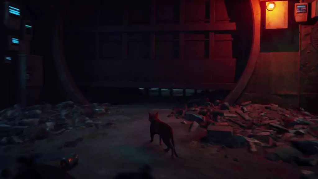 Passing under a door that leads to the Dead City in Stray.