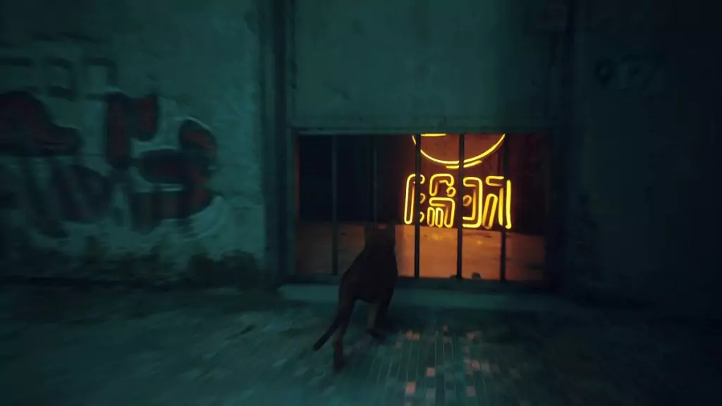 The Stray cat standing before metal bars in Stray.