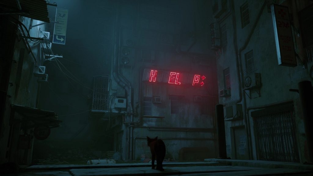 A neon sign that says "help" in Stray.