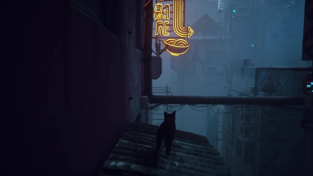 The Stray cat standing before a neon sign.