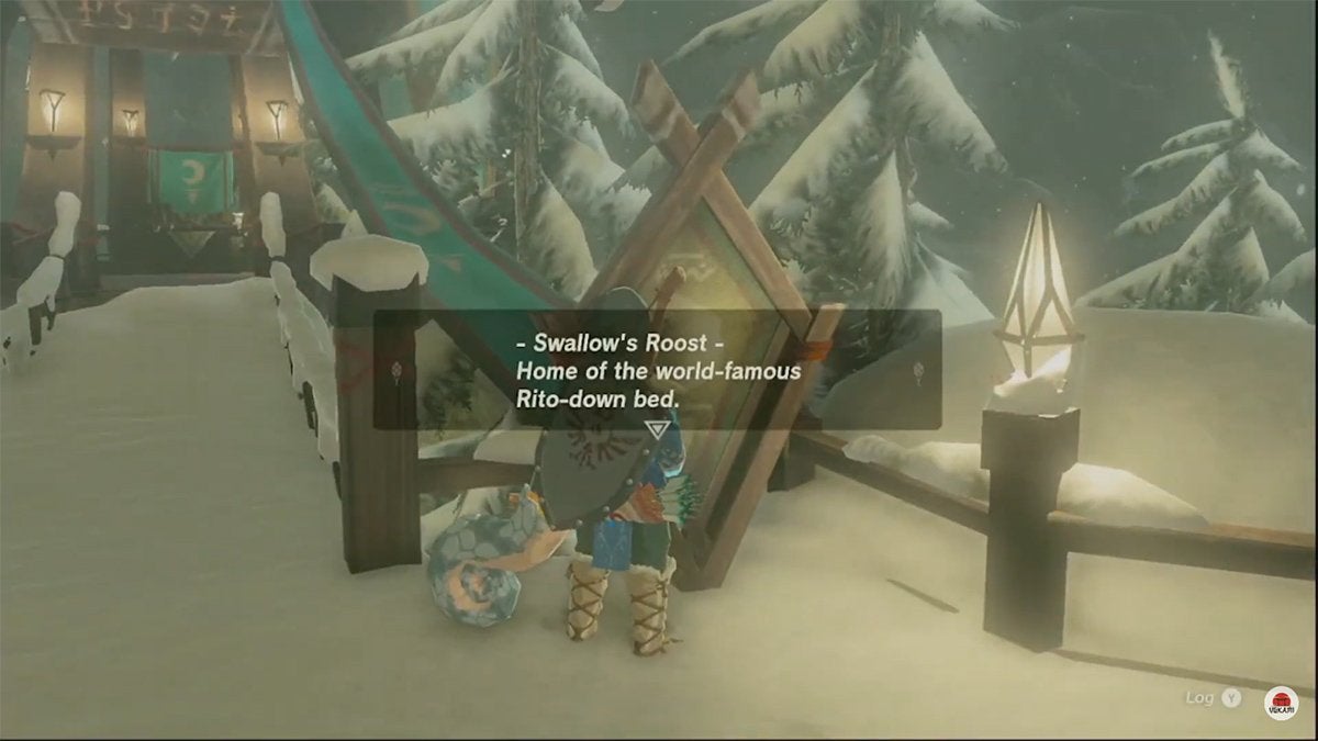 Link reading a sign in front of the Swallow's Roost in Rito Village.