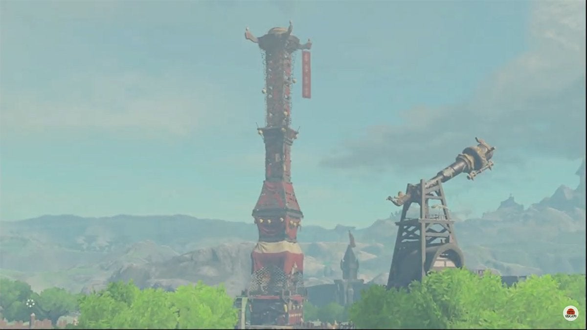 A cutscene showing the Skyview Tower in Lookout Landing in The Legend of Zelda: Tears of the Kingdom.