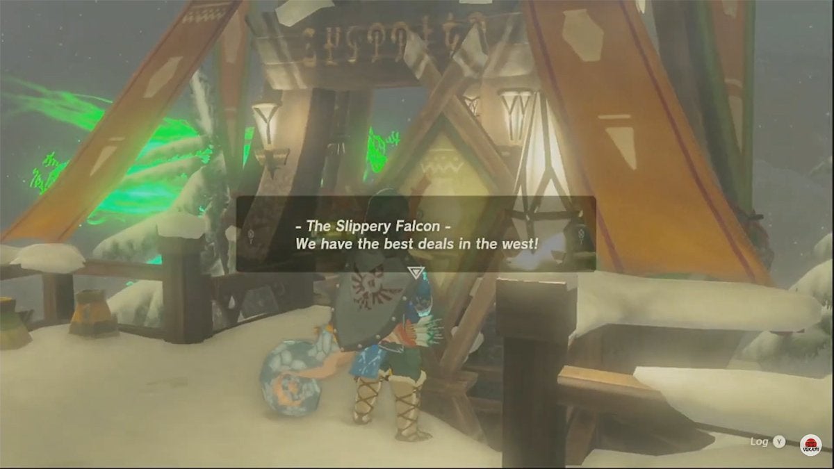 Link looking at a sign in front of The Slippery Falcon ingredient shop in Rito Village.