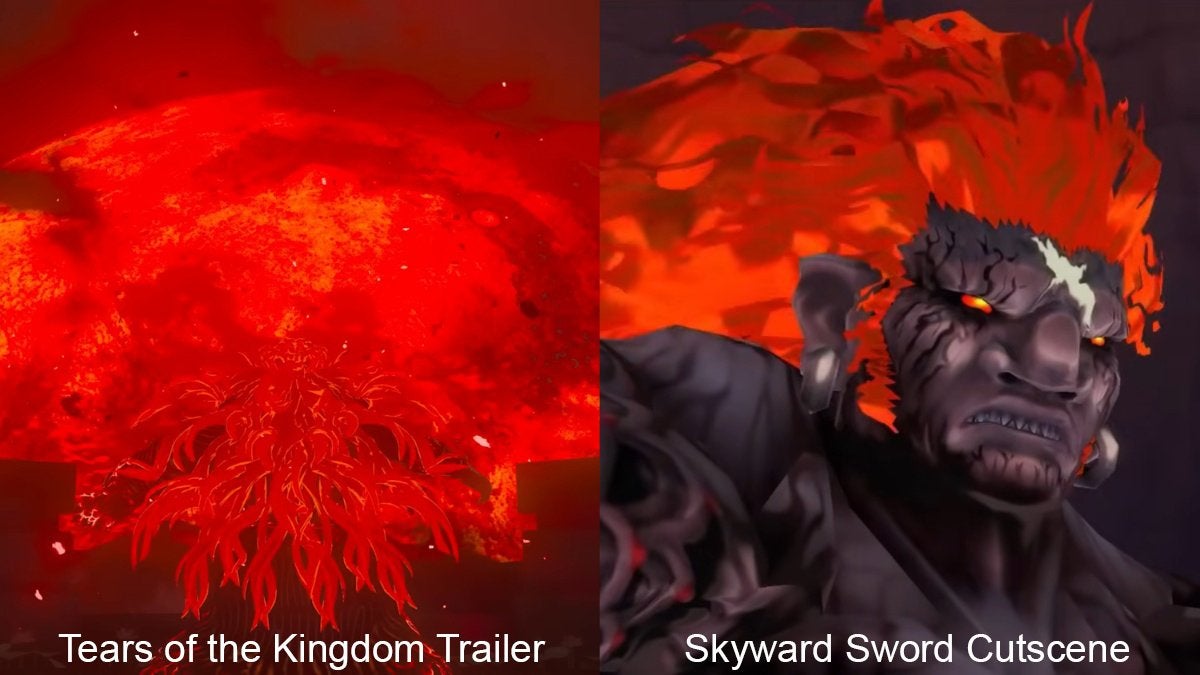 Comparing the red-haired figure in a Tears of the Kingdom trailer with Demise in a Skyward Sword cutscene.