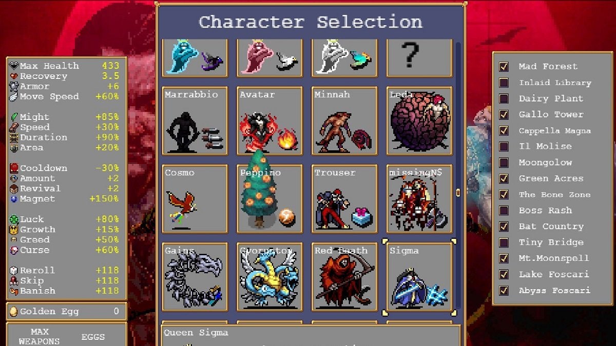 The character selection menu from Vampire Survivors.