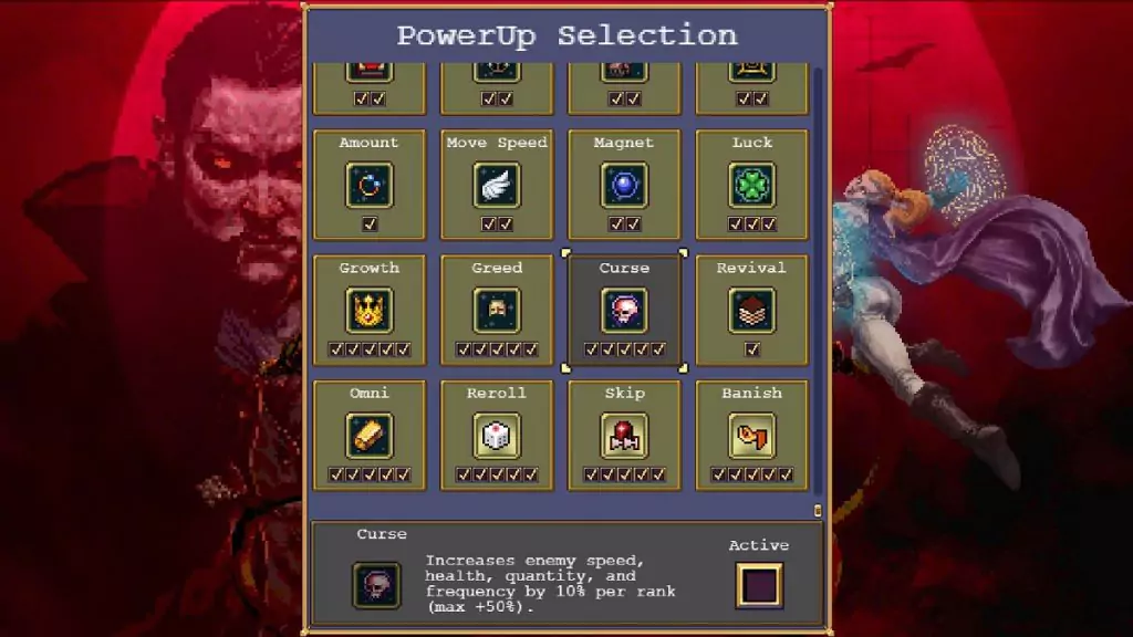 Making the Curse power up in Vampire Survivors inactive.