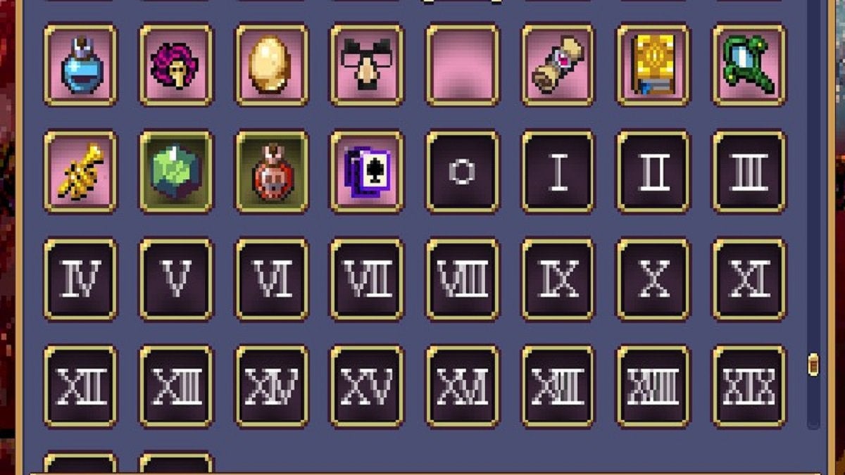 Relics from Vampire Survivors shown in the Collection menu.