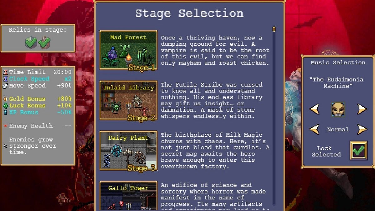Stage Selection menu from Vampire Survivors.