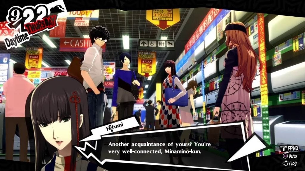 Hifumi, Chihaya, and the protagonist at the electronics store in Akihabara in Persona 5 Royal.