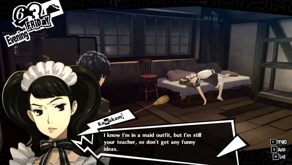 Kawakami in her maid outfit laying on the protagonist's bed in Persona 5 Royal.