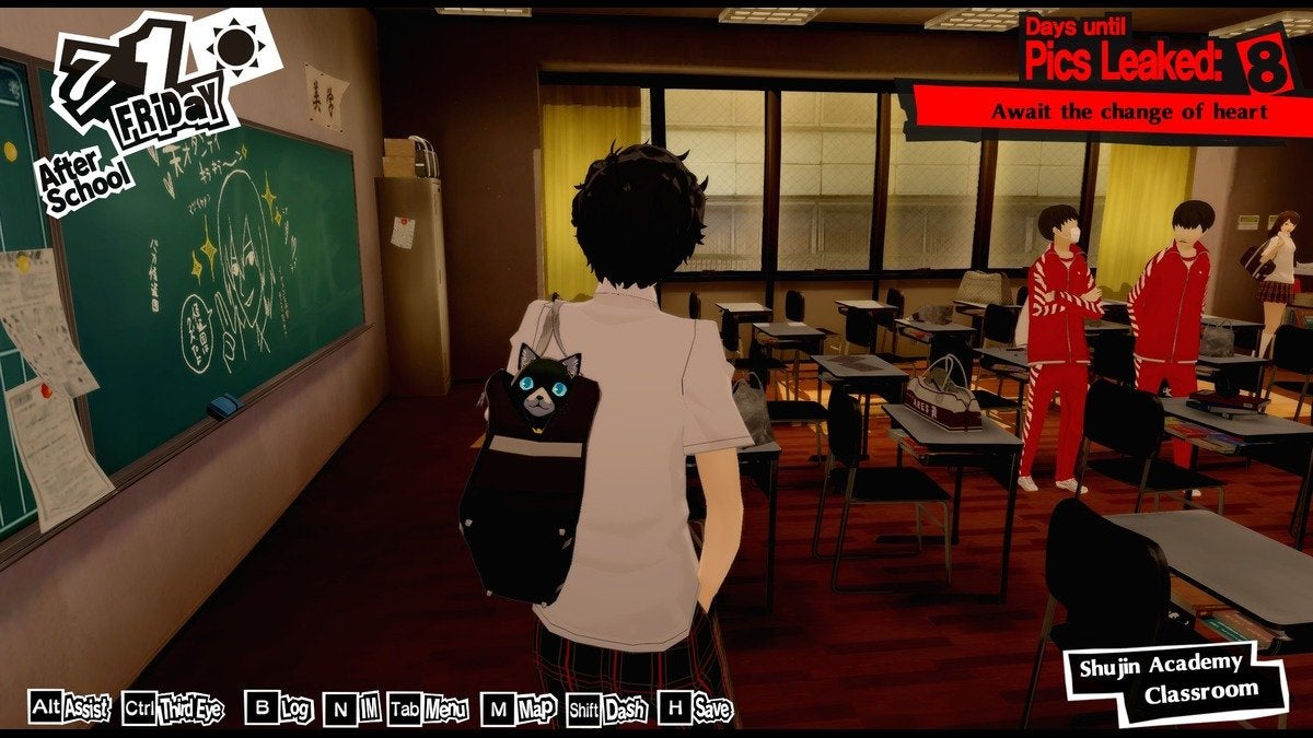 The protagonist in his classroom in Persona 5 Royal.