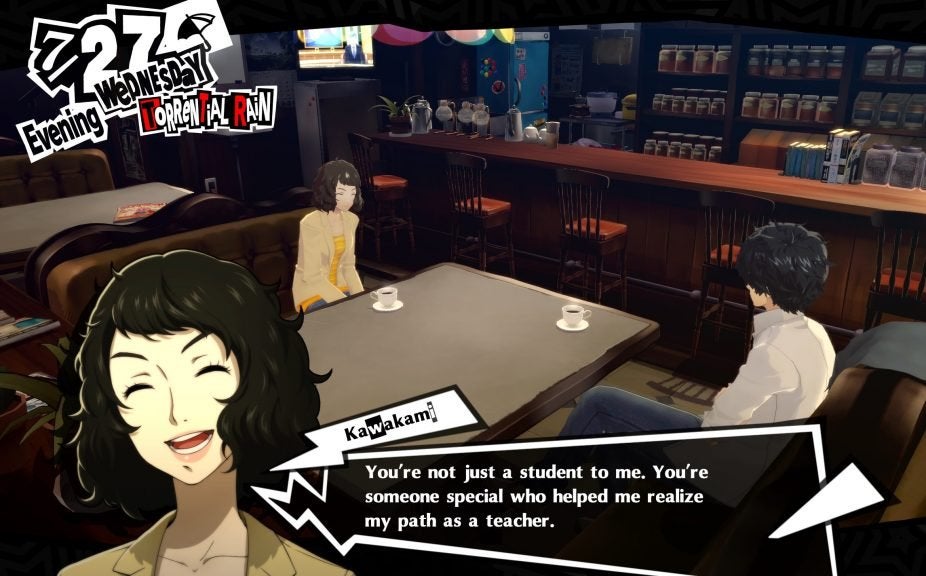 Kawakami thanking the protagonist while having coffee at Leblanc in Persona 5 Royal.