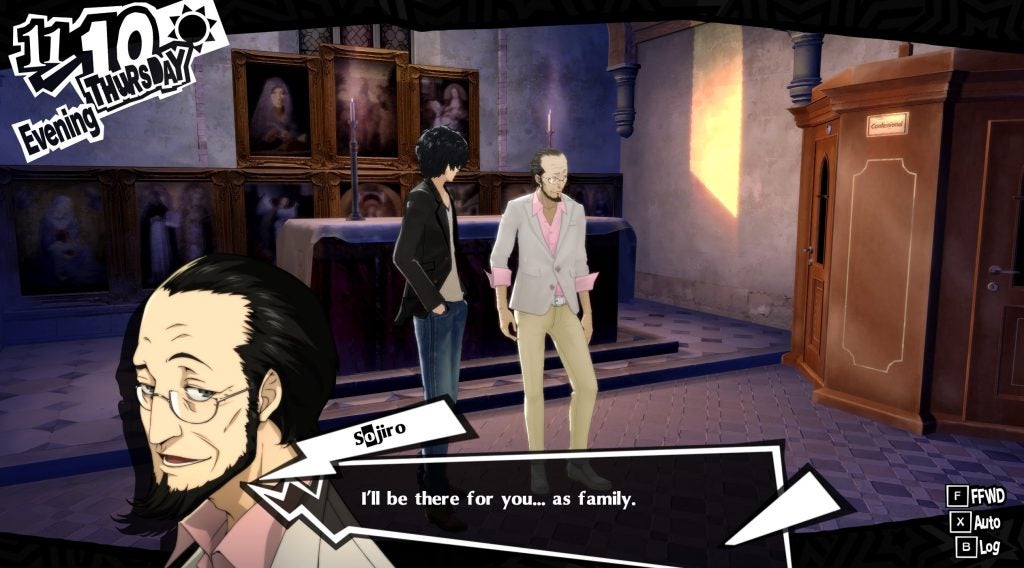 Sojiro Sakura promising to be a member of the protagonist's family in the church in Persona 5 Royal.